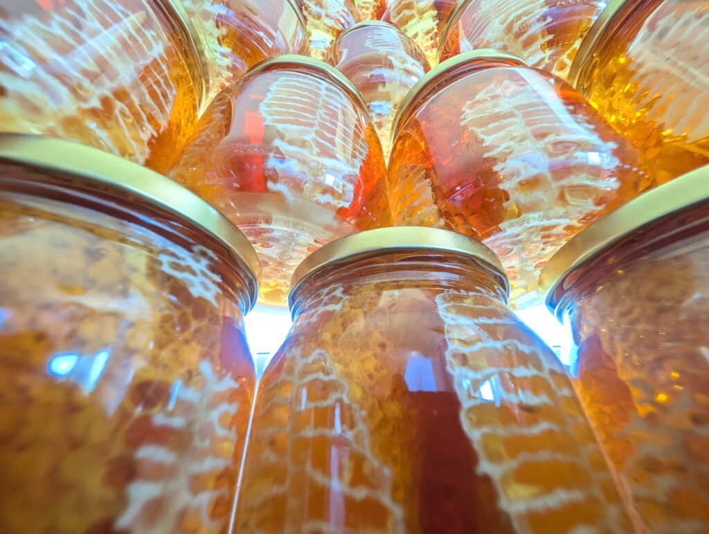 Comb honey in a jar, backlit
