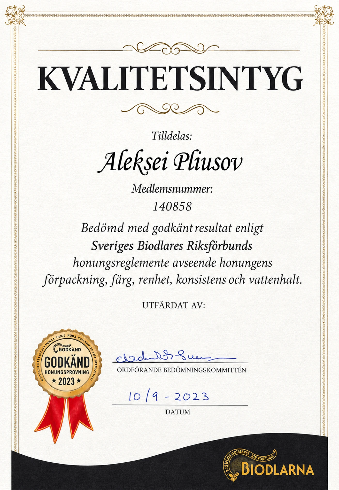 Kvalitetsintyg 2023 från Biodlarna