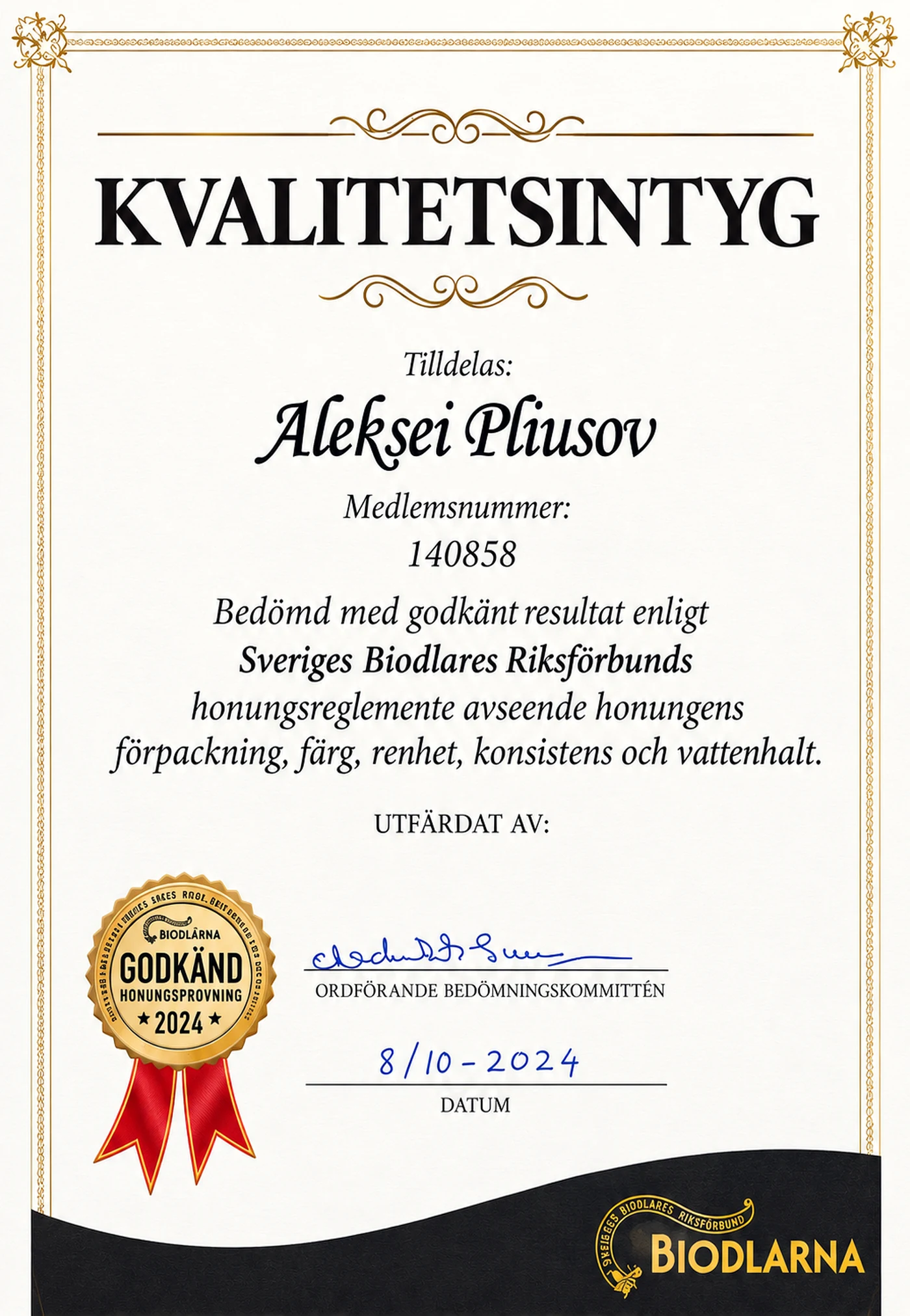 Kvalitetsintyg 2024 från Biodlarna
