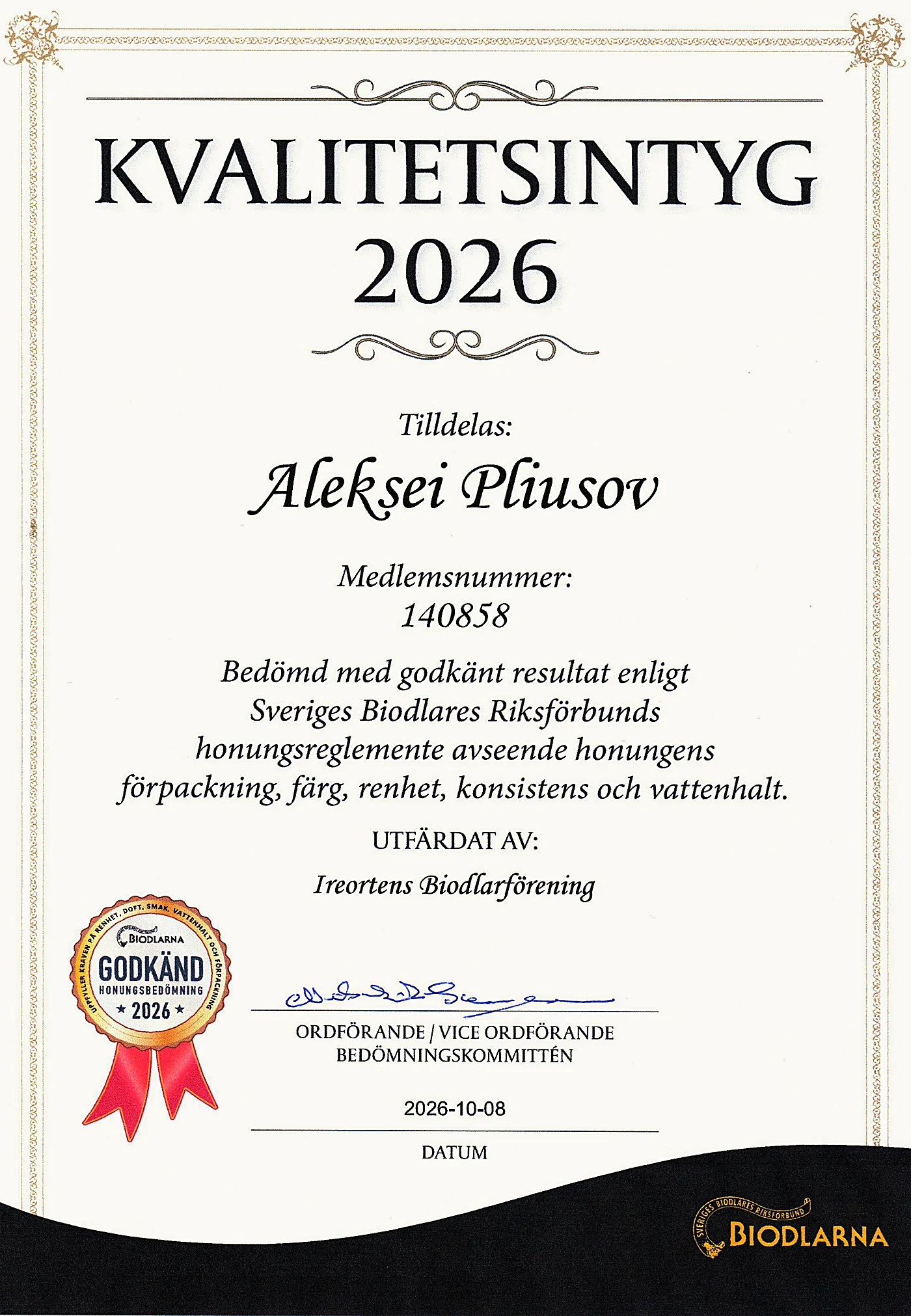 Kvalitetsintyg 2026 från Biodlarna