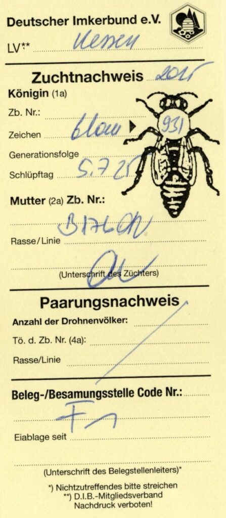 Zuchtnachweis (breeding certificate) for queen no. 931