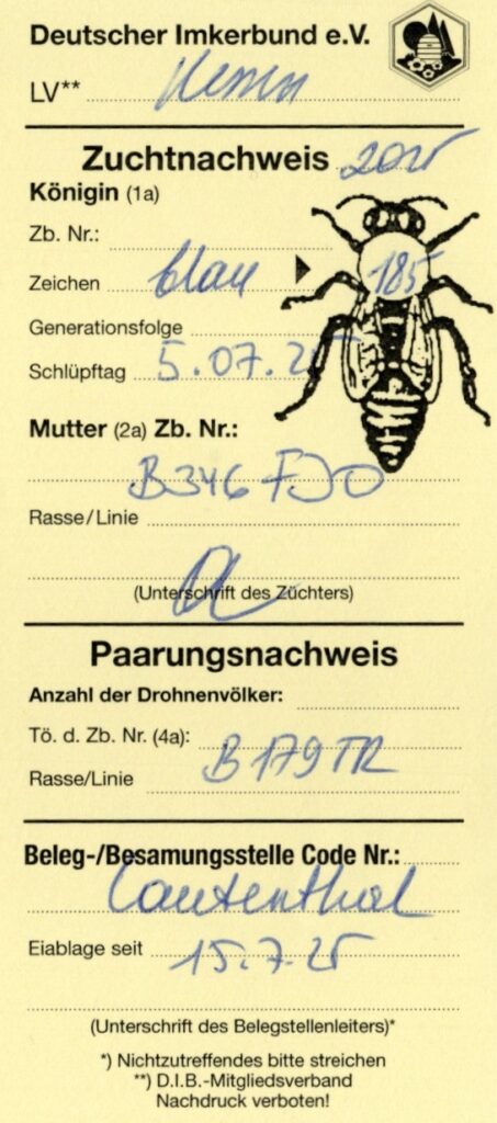 Zuchtnachweis and Paarungsnachweis for breeder queen no. 185, mated at Lautenthal